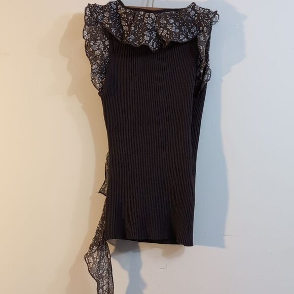 Wrap effect body fit silk blend Mocha brown top stretchy with silk raffl… - Picture 5 of 14